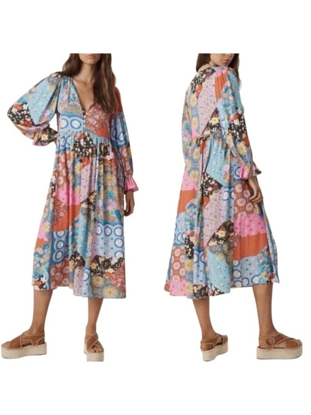 Spell & the Gypsy Bohemian Patchwork 70s Cha Cha Maxi Dress in Jewel Print Small